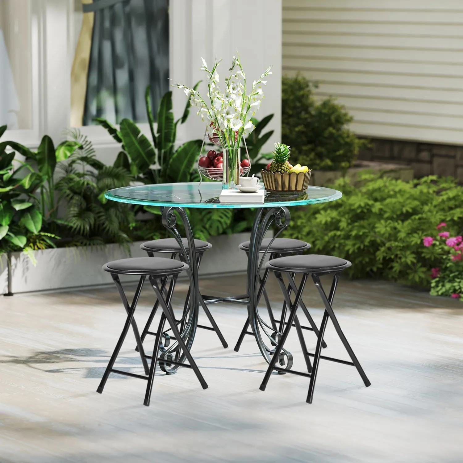 FurnitureR Folding Stools, Backless 18-Inch Stool Chairs Collapsible Padded Round Portable for Indoor/Outdoor, Metal Frame, PVC Cushion, No Assembly Required, Set of 4, Black