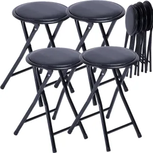 FurnitureR Folding Stools, Backless 18-Inch Stool Chairs Collapsible Padded Round Portable for Indoor/Outdoor, Metal Frame, PVC Cushion, No Assembly Required, Set of 4, Black