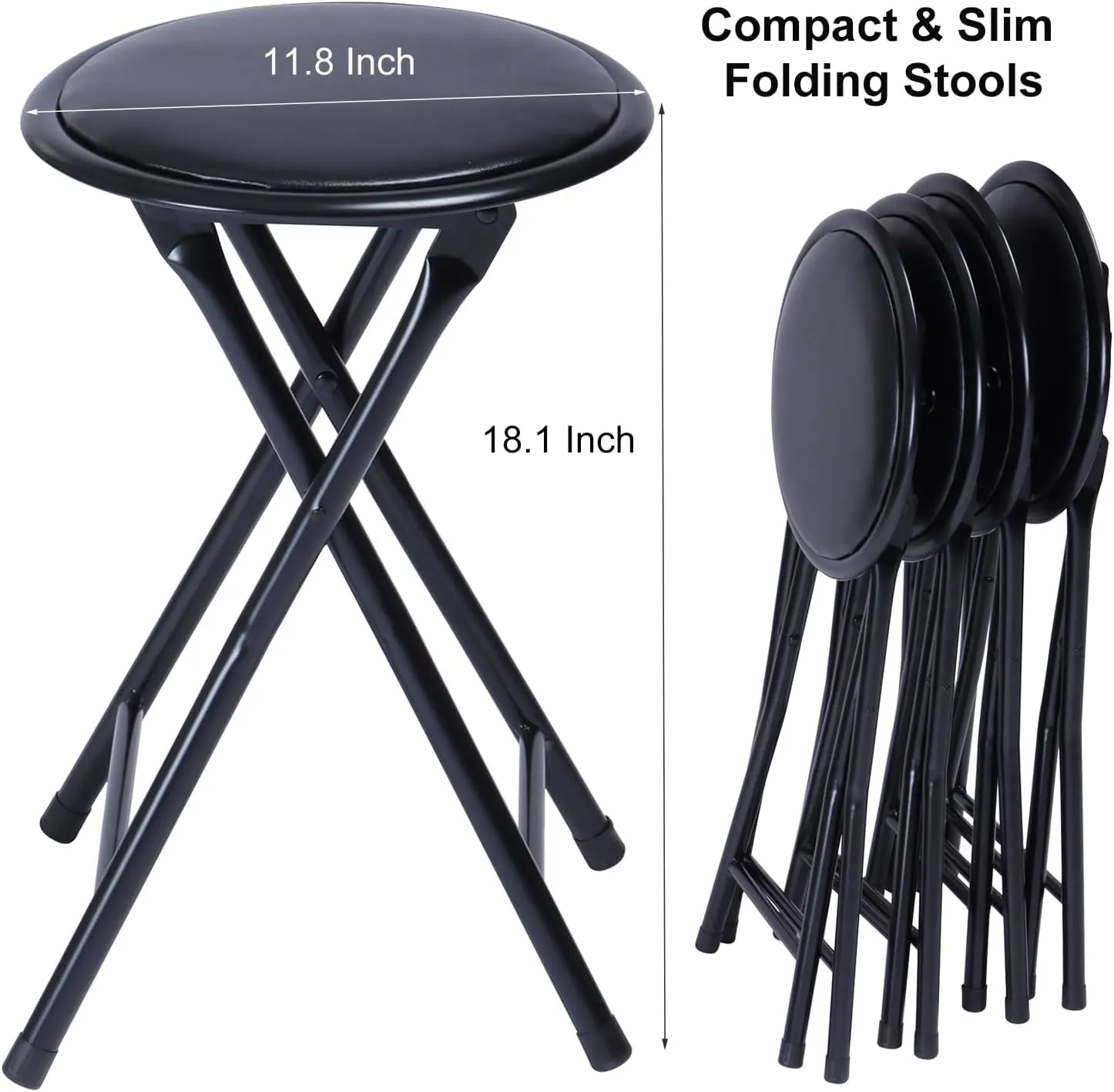 FurnitureR Folding Stools, Backless 18-Inch Stool Chairs Collapsible Padded Round Portable for Indoor/Outdoor, Metal Frame, PVC Cushion, No Assembly Required, Set of 4, Black
