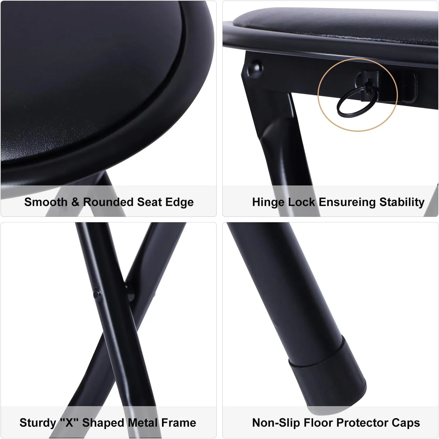 FurnitureR Folding Stools, Backless 18-Inch Stool Chairs Collapsible Padded Round Portable for Indoor/Outdoor, Metal Frame, PVC Cushion, No Assembly Required, Set of 4, Black