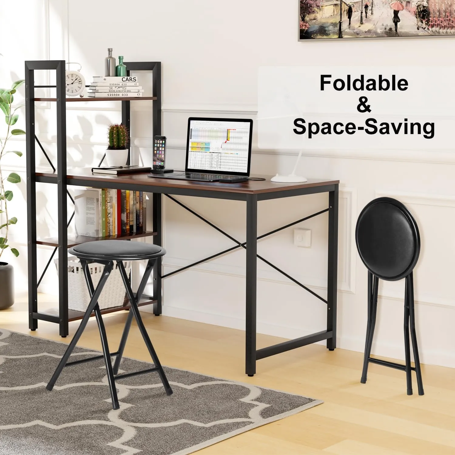 FurnitureR Folding Stools, Backless 18-Inch Stool Chairs Collapsible Padded Round Portable for Indoor/Outdoor, Metal Frame, PVC Cushion, No Assembly Required, Set of 4, Black