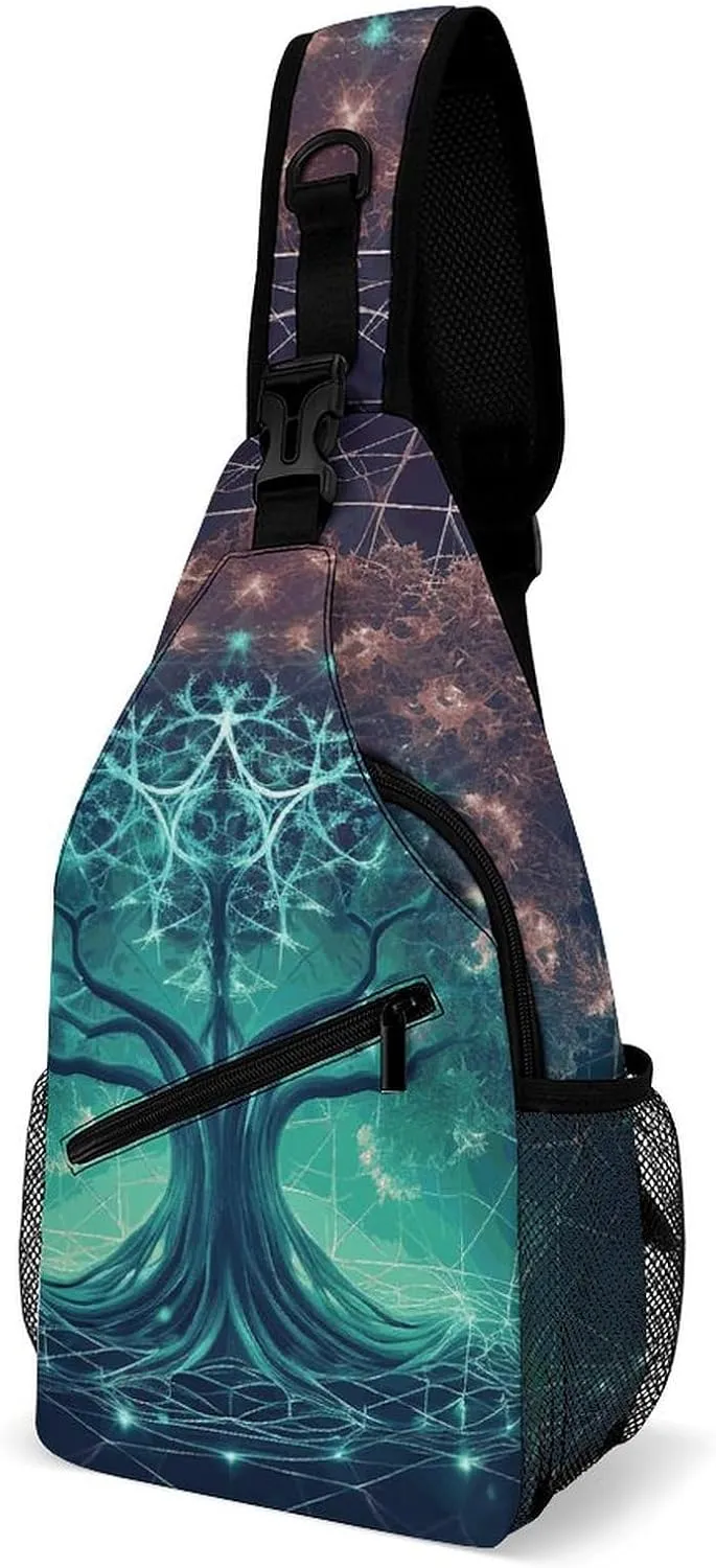 Futuristic Tree of Life Sling Bag with Rfid Blocking Causal Mens Crossbody Bag Lightweight Chest Pack Large Man Purse Travel Crossbody Backpack Shoulder Sling Backpack for Hiking Running Cycling