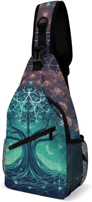 Futuristic Tree of Life Sling Bag with Rfid Blocking Causal Mens Crossbody Bag Lightweight Chest Pack Large Man Purse Travel Crossbody Backpack Shoulder Sling Backpack for Hiking Running Cycling