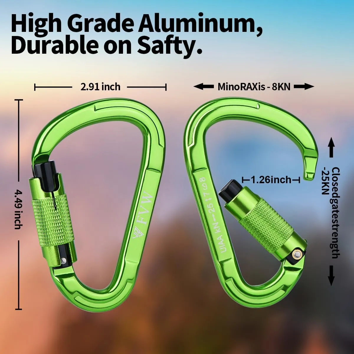 FVW Auto Locking Rock Climbing Carabiner Clips, UIAA Certified Professional 25KN (5620 lbs) Heavy Duty Caribeaners for Rappelling Swing Rescue & Gym etc,Large Carabiners,D-Shaped