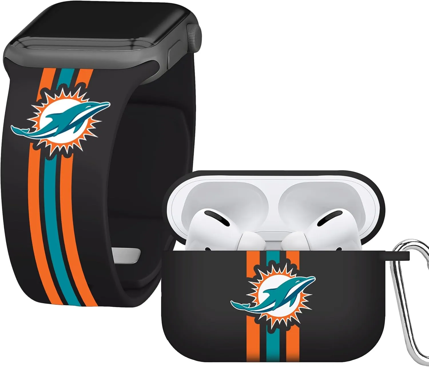 Game Time Miami Dolphins HD Combo Package Compatible with Apple Watch and AirPods Pro (Stripes)