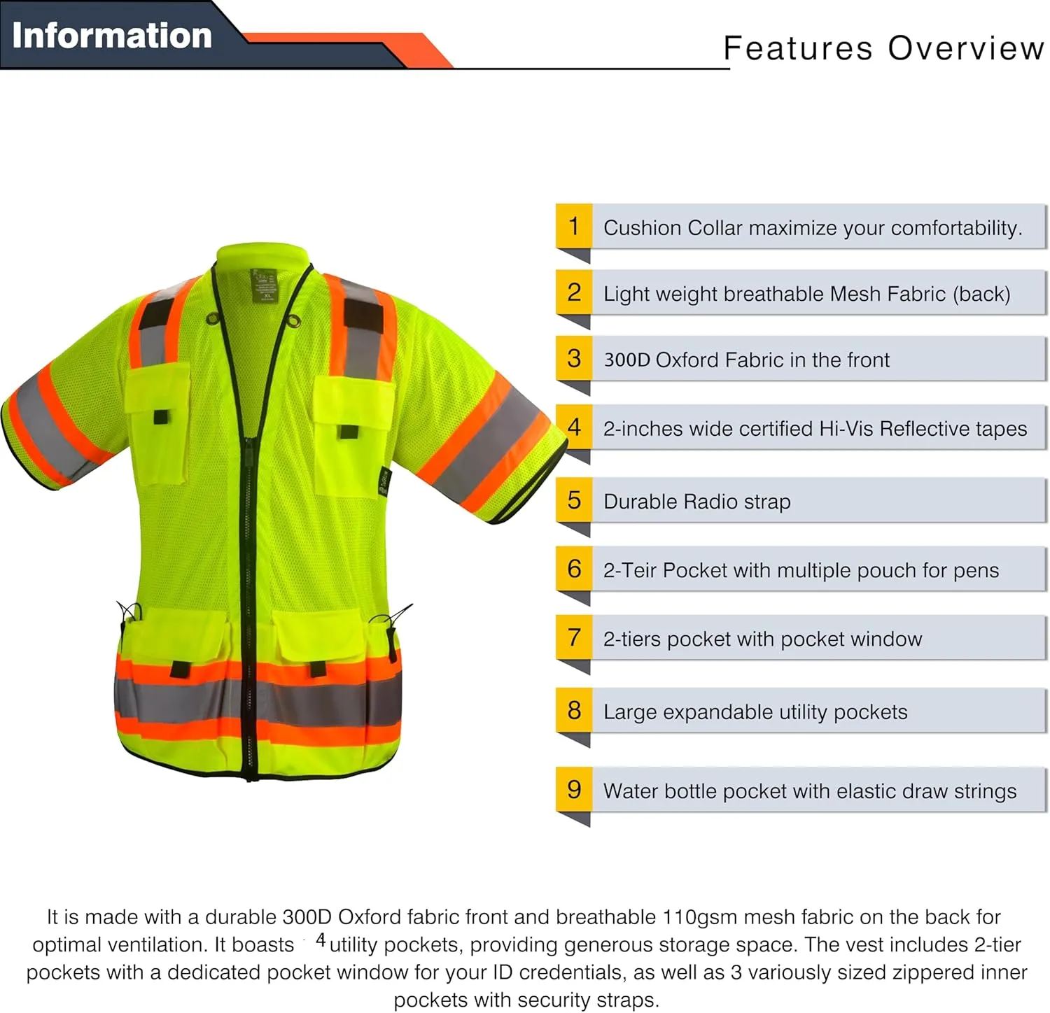 Gasoline Hi-Vis Sleeved Safety Vest For Men-Class 3 Heavy Woven Engineer Vest with Padded Neck to Support, surveyor vest