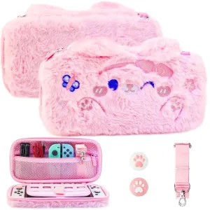 GLDRAM Pink Plush Carrying Case Compatible with Nintendo Switch & OLED, Cute Cartoon Cat Accessories Bundle with Portable Travel Storage Bag, Card Slot, Shoulder Strap & Thumb Grips for Girls Kids