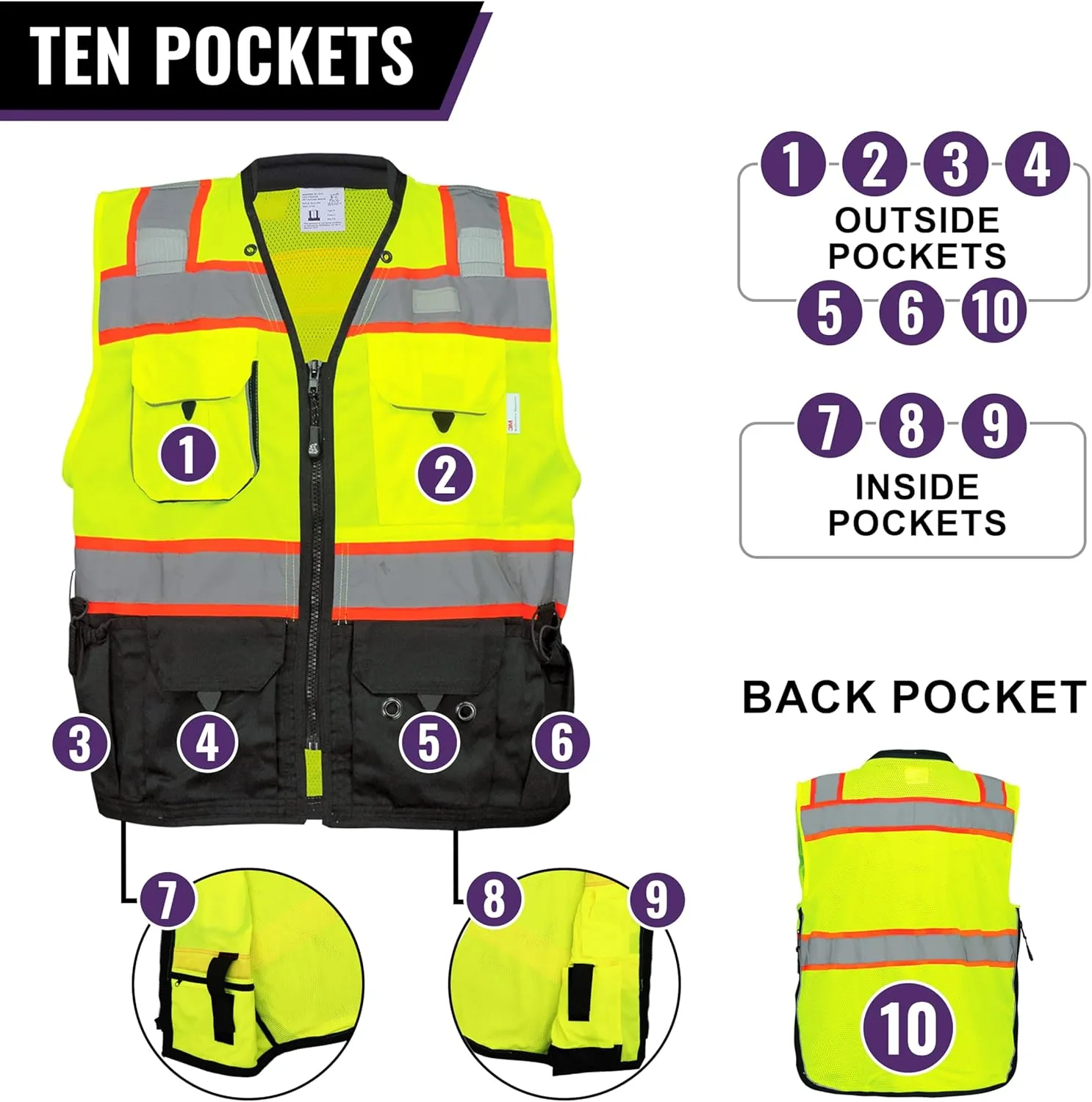 Global Glove GLO-099 Premium High-Visibility Surveyors Safety Vest, Lightweight and Breathable, Zipper Closure, 9 Pockets