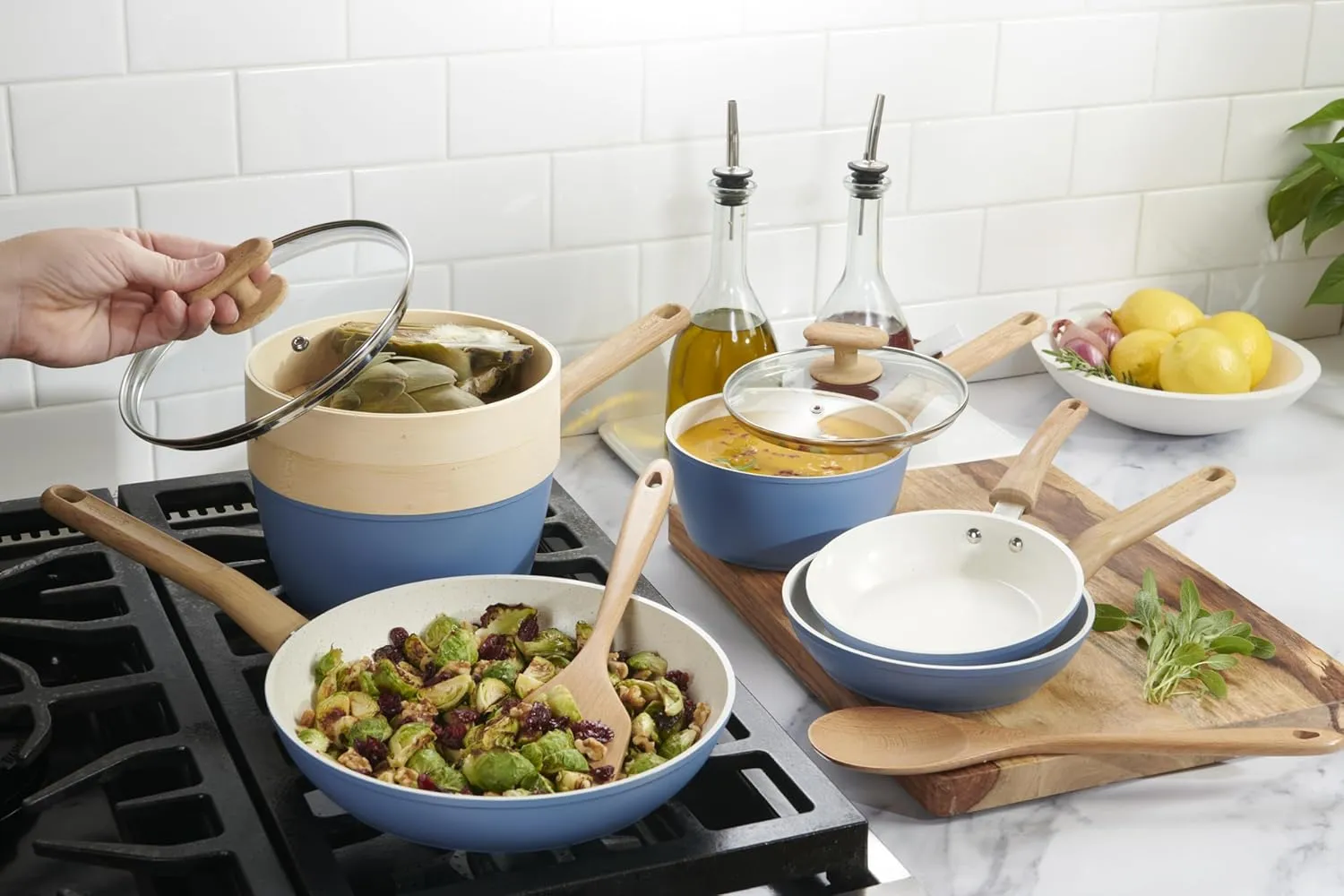 GoodCook 10-Piece Healthy Ceramic Titanium-Infused Cookware Set, Light Blue – Pots, Pans, Steamer, Spoon & Turner – Induction Cookware, Kitchen Pots & Pans Set, Nonstick Cooking Pan Set