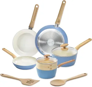 GoodCook 10-Piece Healthy Ceramic Titanium-Infused Cookware Set, Light Blue – Pots, Pans, Steamer, Spoon & Turner – Induction Cookware, Kitchen Pots & Pans Set, Nonstick Cooking Pan Set