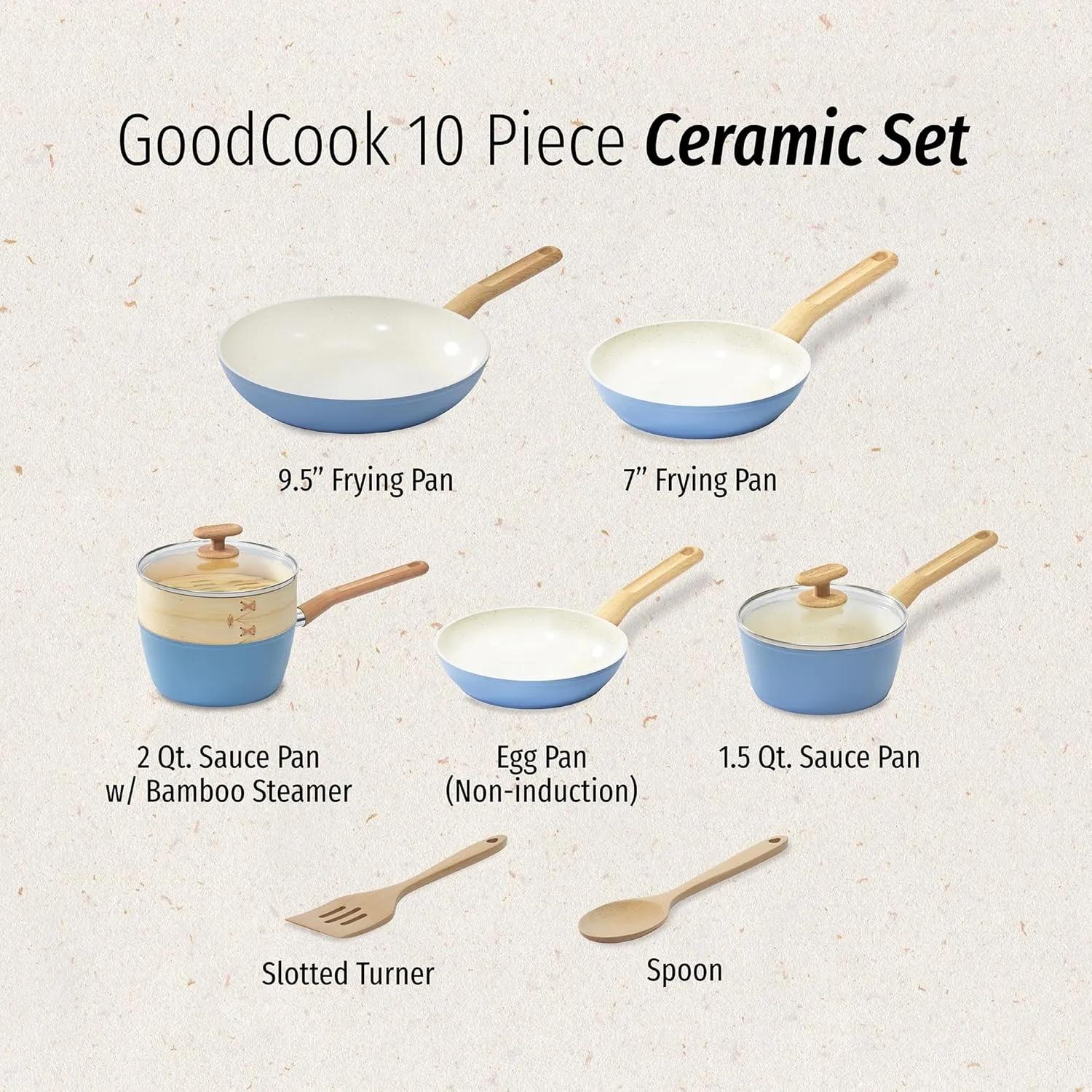 GoodCook 10-Piece Healthy Ceramic Titanium-Infused Cookware Set, Light Blue – Pots, Pans, Steamer, Spoon & Turner – Induction Cookware, Kitchen Pots & Pans Set, Nonstick Cooking Pan Set