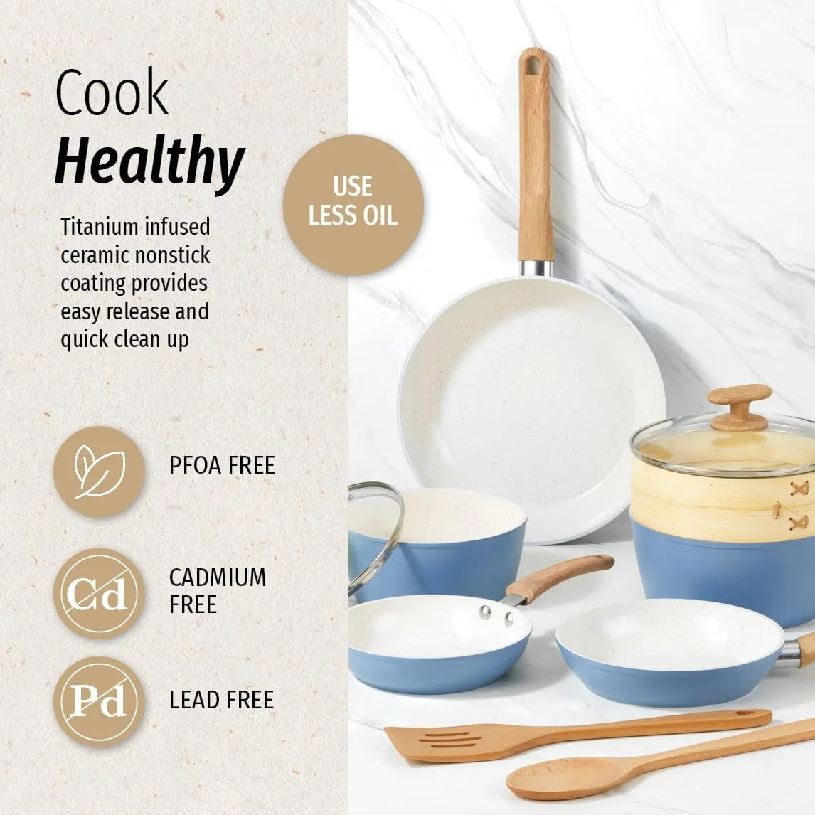 GoodCook 10-Piece Healthy Ceramic Titanium-Infused Cookware Set, Light Blue – Pots, Pans, Steamer, Spoon & Turner – Induction Cookware, Kitchen Pots & Pans Set, Nonstick Cooking Pan Set