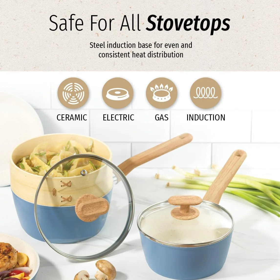 GoodCook 10-Piece Healthy Ceramic Titanium-Infused Cookware Set, Light Blue – Pots, Pans, Steamer, Spoon & Turner – Induction Cookware, Kitchen Pots & Pans Set, Nonstick Cooking Pan Set