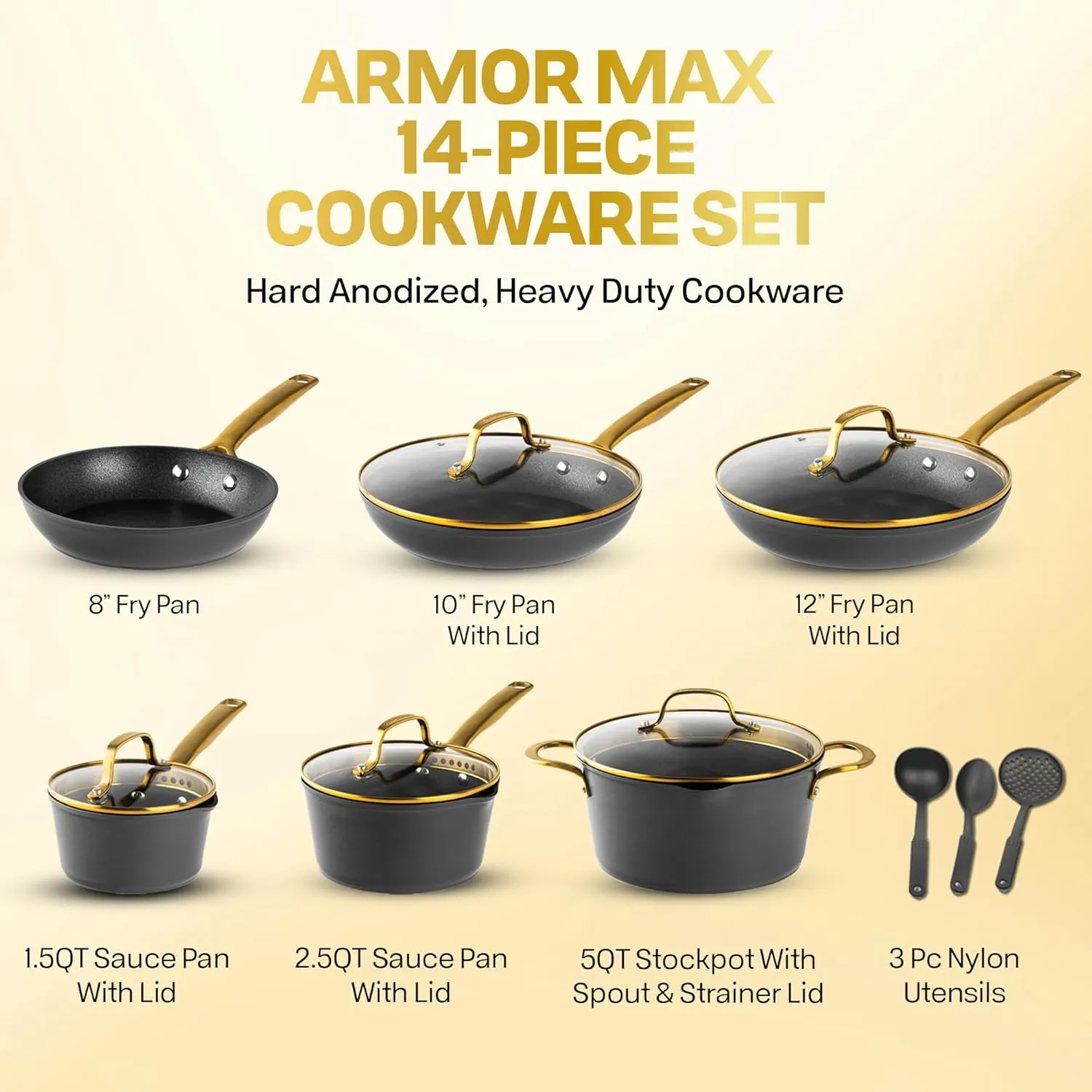 GRANITESTONE 14 Pc Induction Cookware Sets, Kitchen Pots and Pans Set Non Stick, Kitchen Cookware Sets, Nonstick Cookware Set, Non Stick Pots and Pan Set, Hard Anodized, Oven and Dishwasher Safe