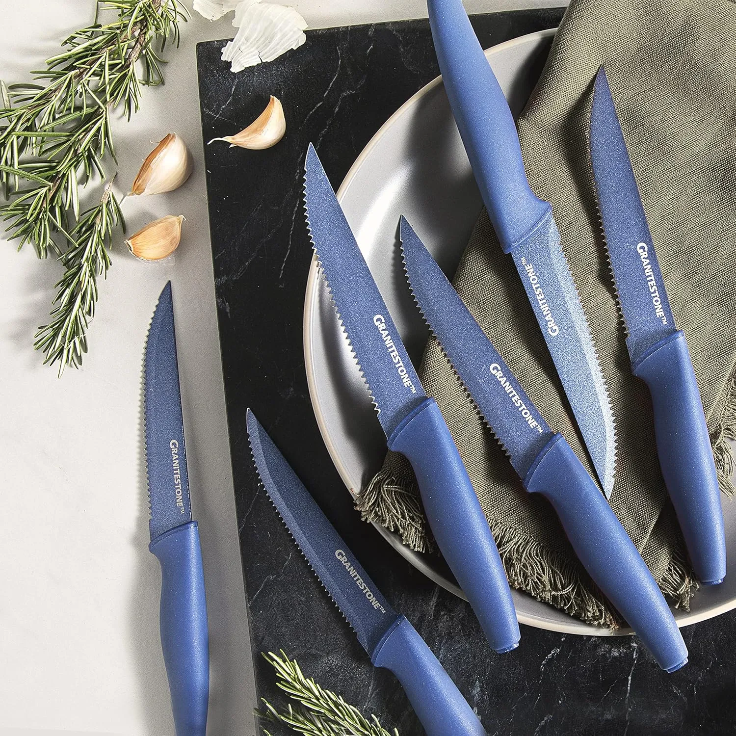 Granitestone Nutriblade Blue 6-Piece Steak Knives Set Stainless Steel Serrated Blades with Comfortable Handles– Dishwasher-safe Rust-proof Steak Knife As Seen On TV