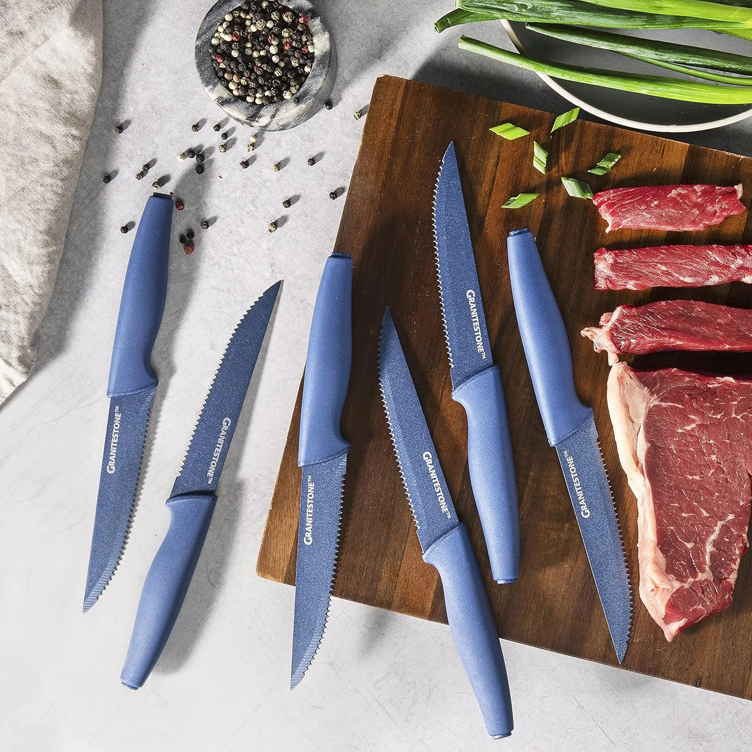Granitestone Nutriblade Blue 6-Piece Steak Knives Set Stainless Steel Serrated Blades with Comfortable Handles– Dishwasher-safe Rust-proof Steak Knife As Seen On TV