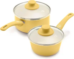 GreenLife Soft Grip 1QT and 2QT Saucepan Set, Non-Toxic PFAS-Free Ceramic Nonstick, Glass Lids, Stay Cool Handles, Wobble Free Base, Dishwasher & Oven Safe, Easy Clean, Multipurpose, Yellow