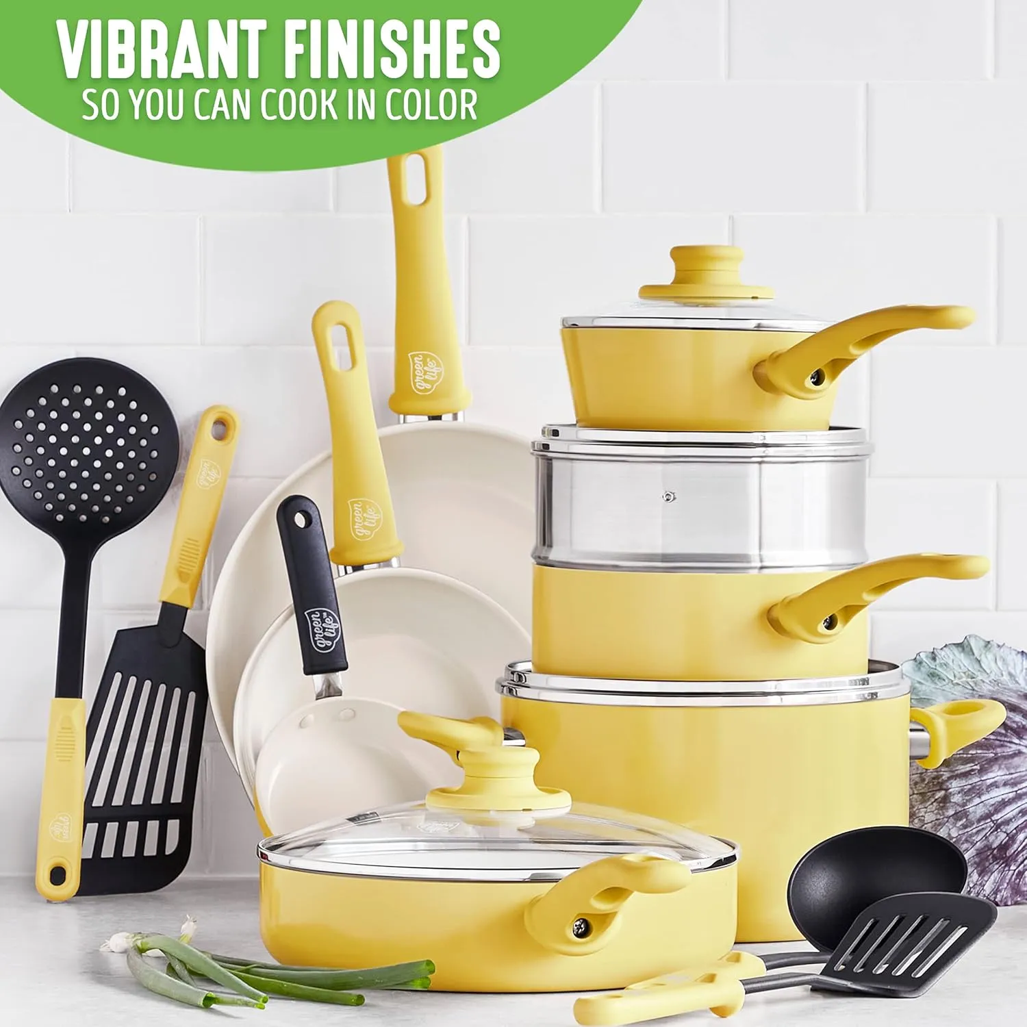 GreenLife Soft Grip 1QT and 2QT Saucepan Set, Non-Toxic PFAS-Free Ceramic Nonstick, Glass Lids, Stay Cool Handles, Wobble Free Base, Dishwasher & Oven Safe, Easy Clean, Multipurpose, Yellow