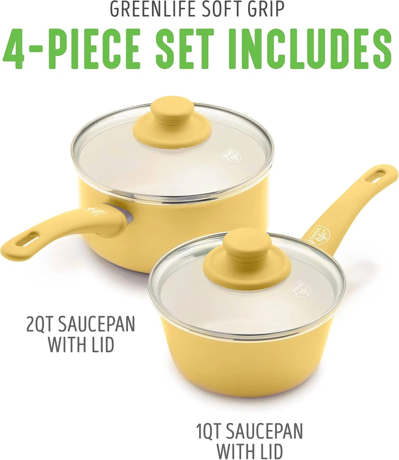 GreenLife Soft Grip 1QT and 2QT Saucepan Set, Non-Toxic PFAS-Free Ceramic Nonstick, Glass Lids, Stay Cool Handles, Wobble Free Base, Dishwasher & Oven Safe, Easy Clean, Multipurpose, Yellow