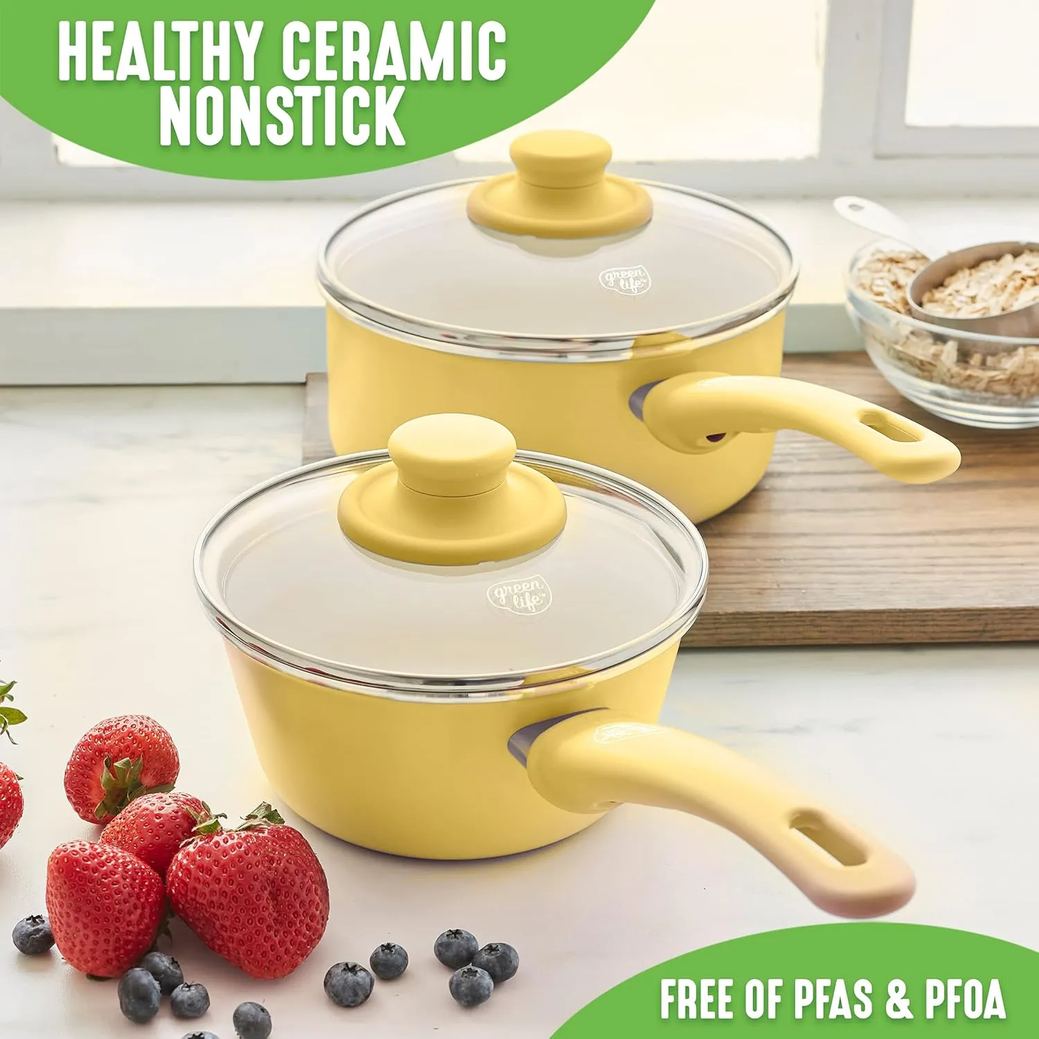 GreenLife Soft Grip 1QT and 2QT Saucepan Set, Non-Toxic PFAS-Free Ceramic Nonstick, Glass Lids, Stay Cool Handles, Wobble Free Base, Dishwasher & Oven Safe, Easy Clean, Multipurpose, Yellow