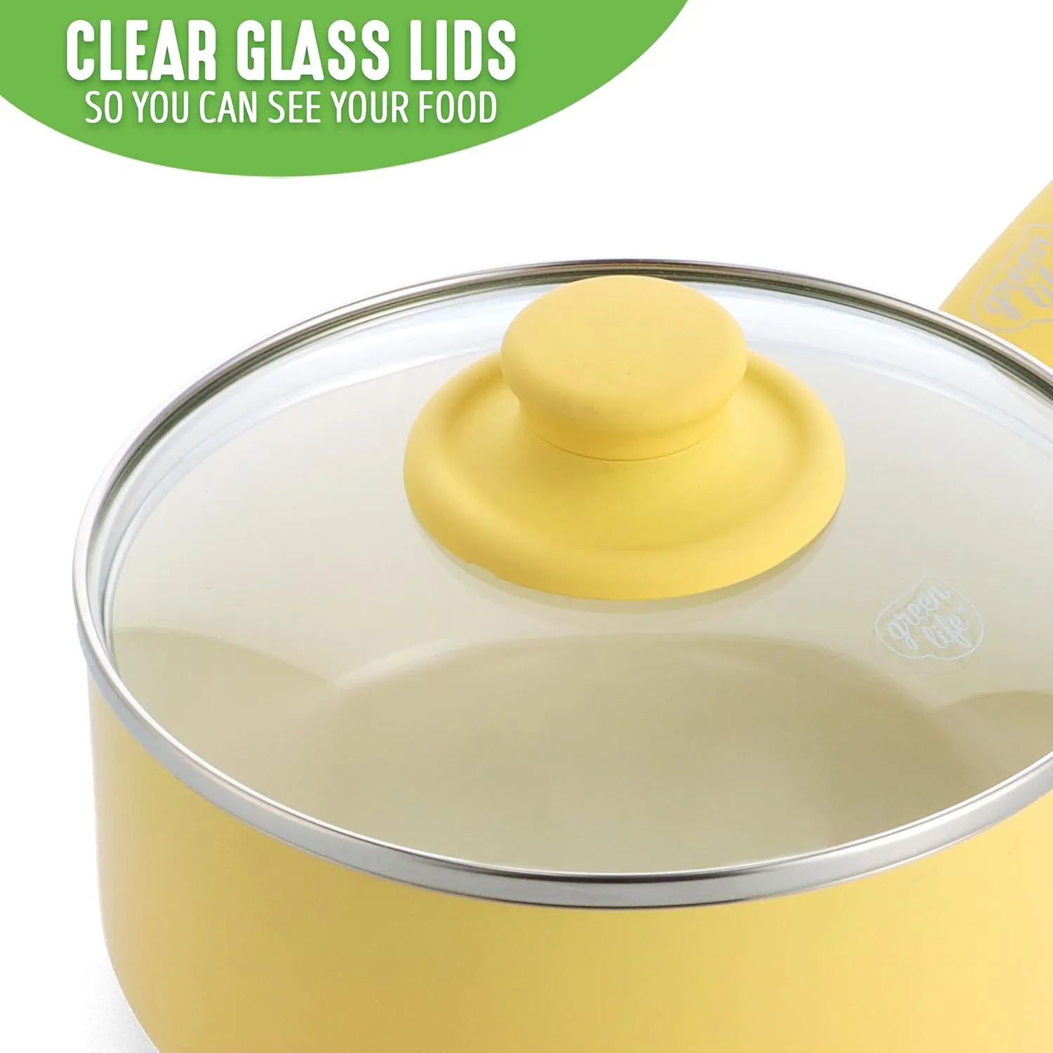 GreenLife Soft Grip 1QT and 2QT Saucepan Set, Non-Toxic PFAS-Free Ceramic Nonstick, Glass Lids, Stay Cool Handles, Wobble Free Base, Dishwasher & Oven Safe, Easy Clean, Multipurpose, Yellow