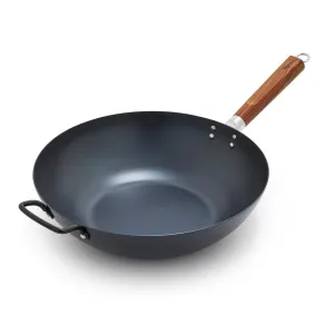 GreenPan Carbon Steel Wok 14”, Flat Bottom, Durable Stir-Fry Pan, Pre-Seasoned Nonstick Patina, High Heat Retention, Induction, Ash Wood Handle, Kyoto, Black