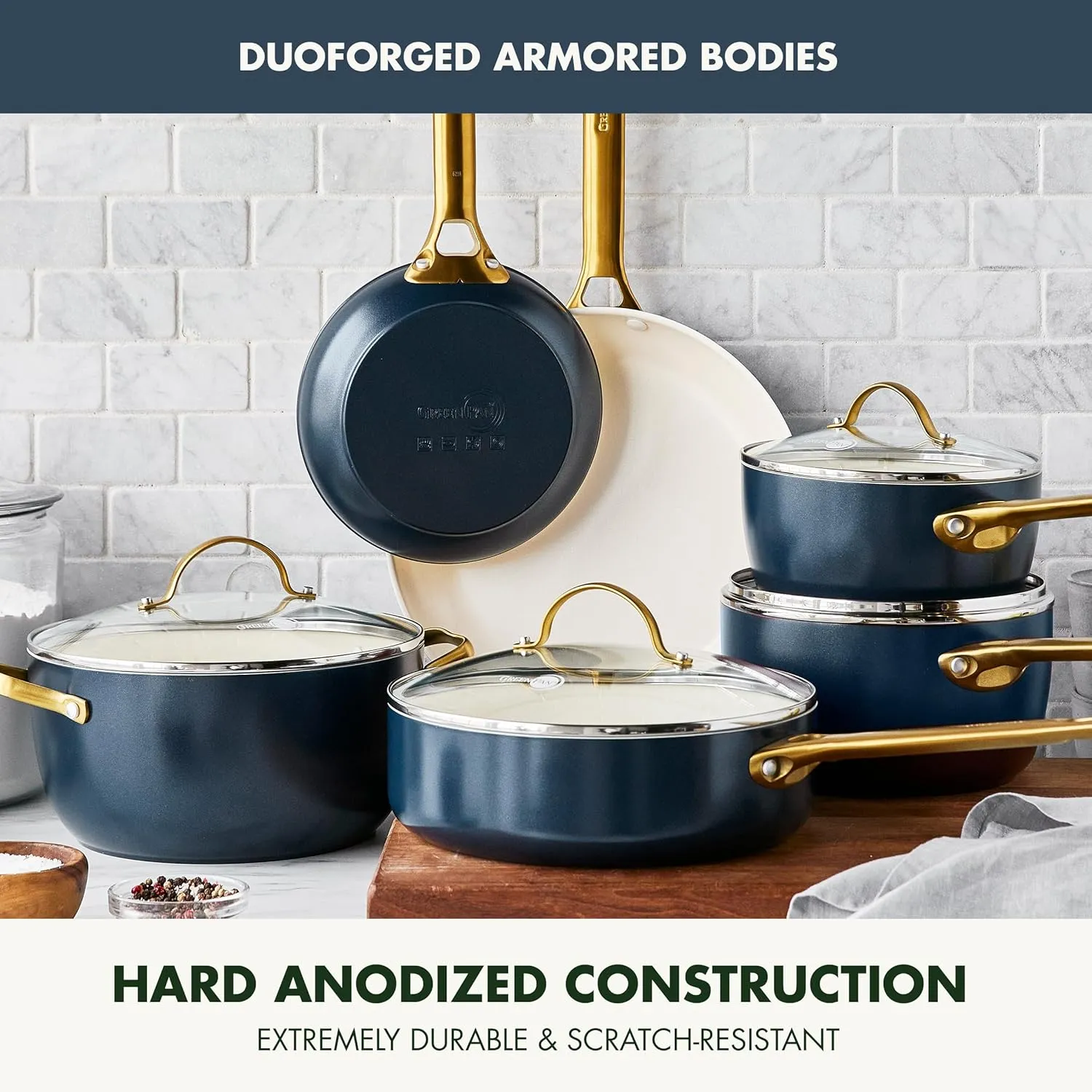 GreenPan Reserve Hard Anodized Healthy Ceramic Nonstick 10 Piece Cookware Pots and Pans Set, Gold Handle, PFAS-Free, Dishwasher Safe, Oven Safe, Twilight Blue