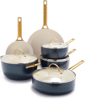 GreenPan Reserve Hard Anodized Healthy Ceramic Nonstick 10 Piece Cookware Pots and Pans Set, Gold Handle, PFAS-Free, Dishwasher Safe, Oven Safe, Twilight Blue