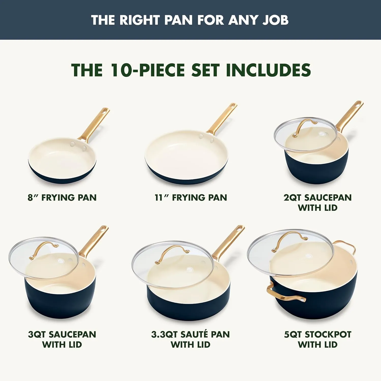GreenPan Reserve Hard Anodized Healthy Ceramic Nonstick 10 Piece Cookware Pots and Pans Set, Gold Handle, PFAS-Free, Dishwasher Safe, Oven Safe, Twilight Blue