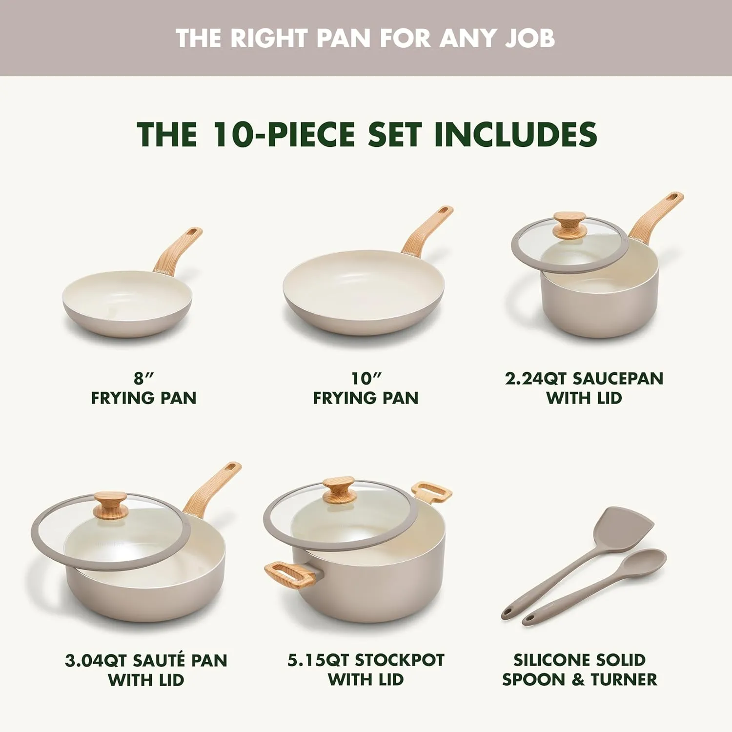 GreenPan Rio Essence Wood 10 Piece Cookware Pots and Pans Set, Healthy Ceramic Nonstick, PFOA & PFAS-Free Coating, Induction, Silicone Rim Lids, Stay-Cool Wood Print Handles, Dishwasher Safe, Taupe