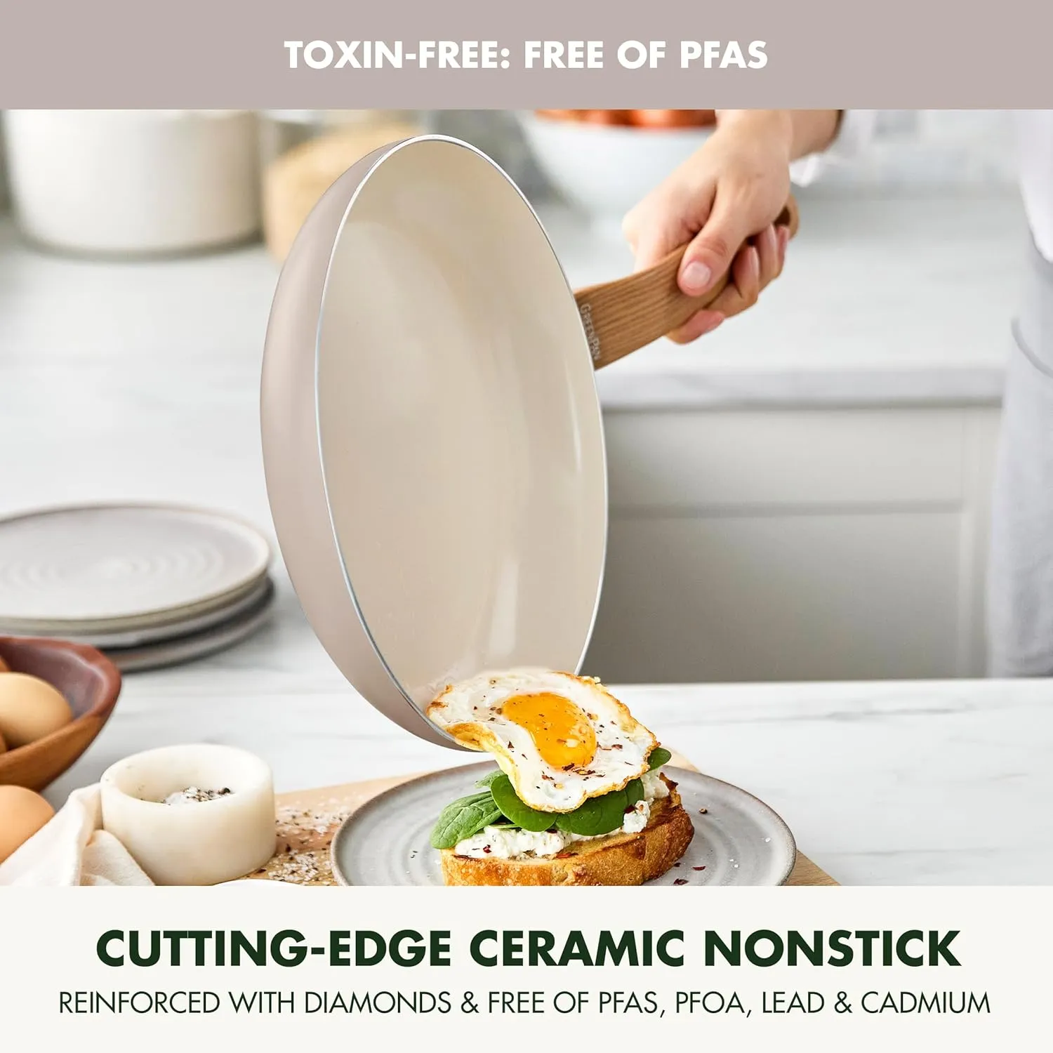 GreenPan Rio Essence Wood 10 Piece Cookware Pots and Pans Set, Healthy Ceramic Nonstick, PFOA & PFAS-Free Coating, Induction, Silicone Rim Lids, Stay-Cool Wood Print Handles, Dishwasher Safe, Taupe