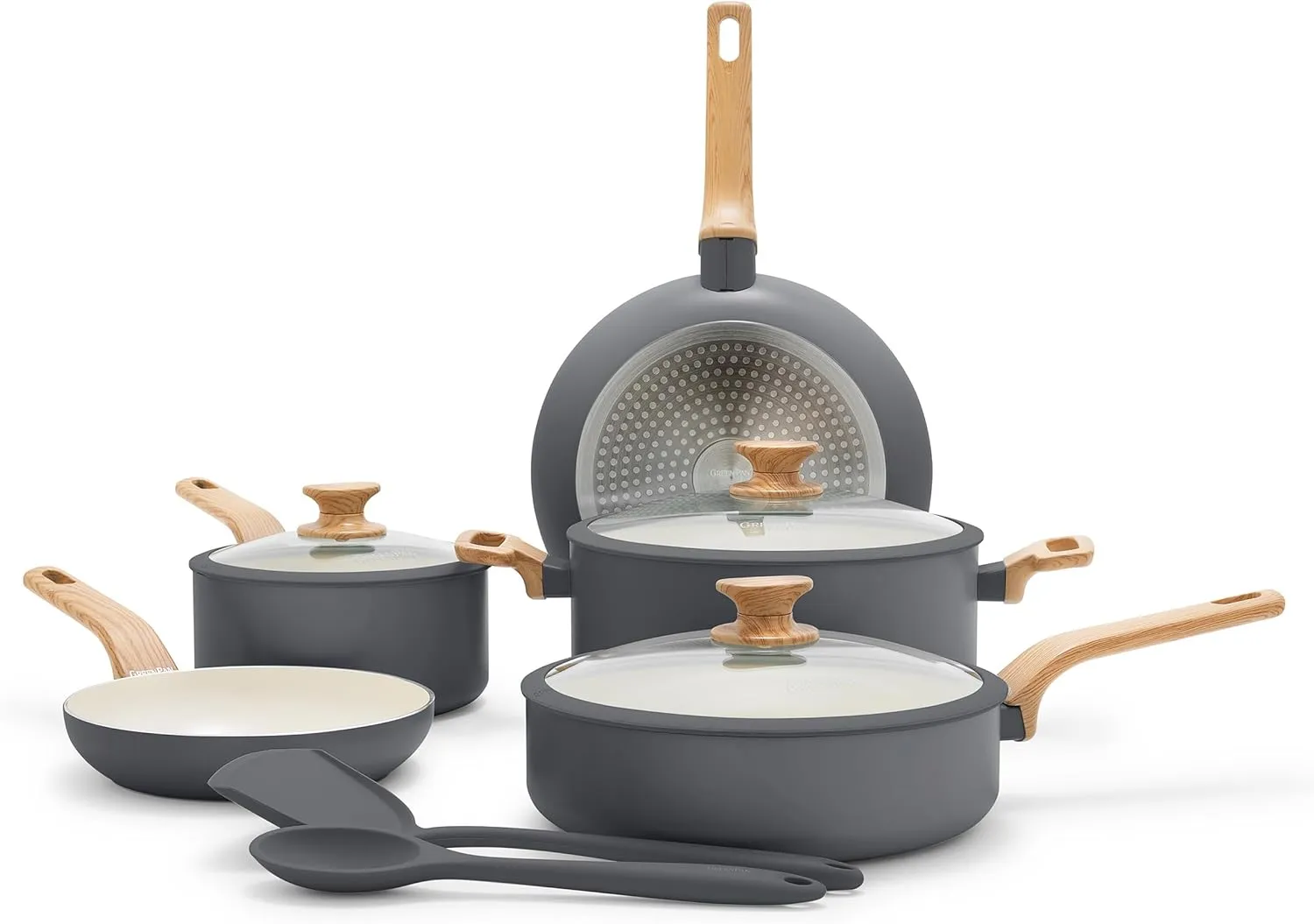 GreenPan Rio Essence Wood 10 Piece Cookware Pots and Pans Set, Healthy Ceramic Nonstick, PFOA & PFAS-Free Coating, Induction, Silicone Rim Lids, Stay-Cool Wood Print Handles, Dishwasher Safe, Taupe