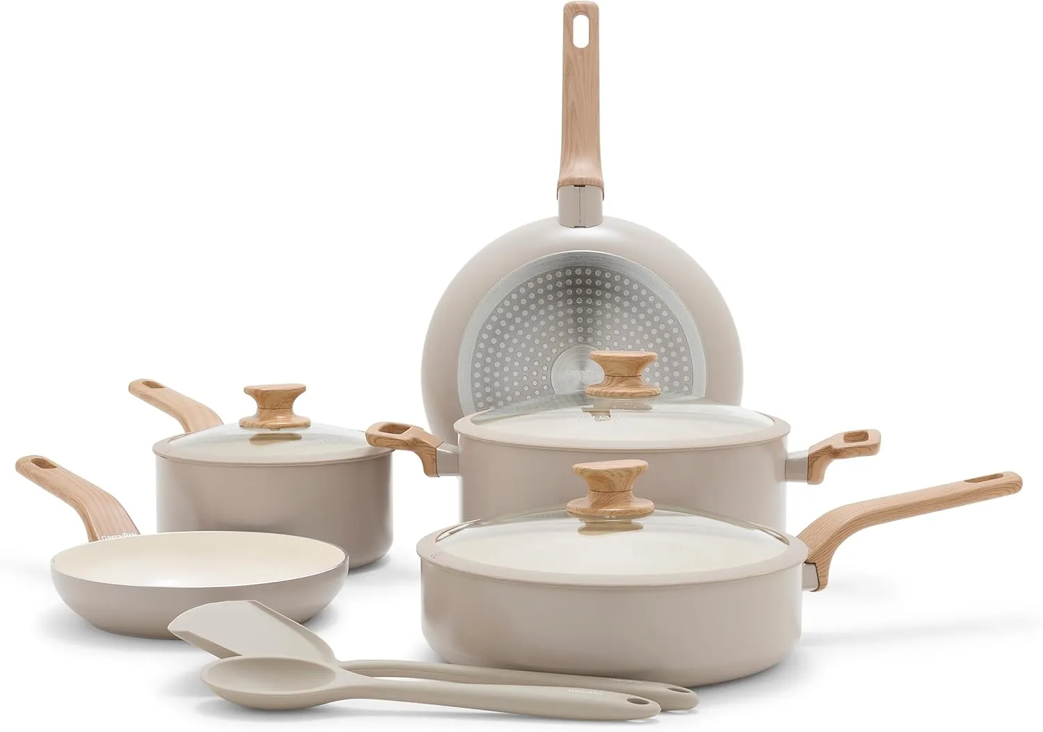 GreenPan Rio Essence Wood 10 Piece Cookware Pots and Pans Set, Healthy Ceramic Nonstick, PFOA & PFAS-Free Coating, Induction, Silicone Rim Lids, Stay-Cool Wood Print Handles, Dishwasher Safe, Taupe