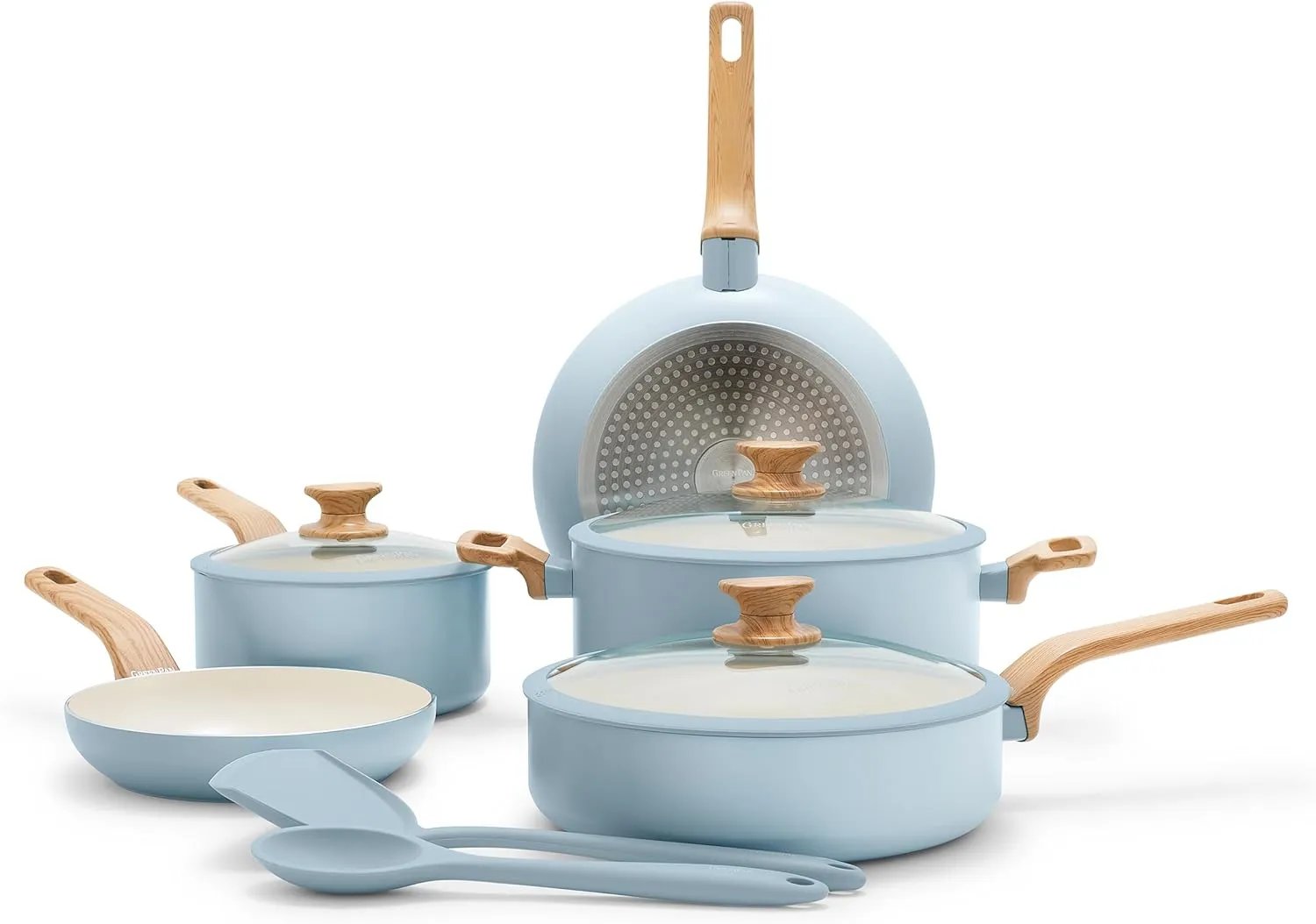 GreenPan Rio Essence Wood 10 Piece Cookware Pots and Pans Set, Healthy Ceramic Nonstick, PFOA & PFAS-Free Coating, Induction, Silicone Rim Lids, Stay-Cool Wood Print Handles, Dishwasher Safe, Taupe