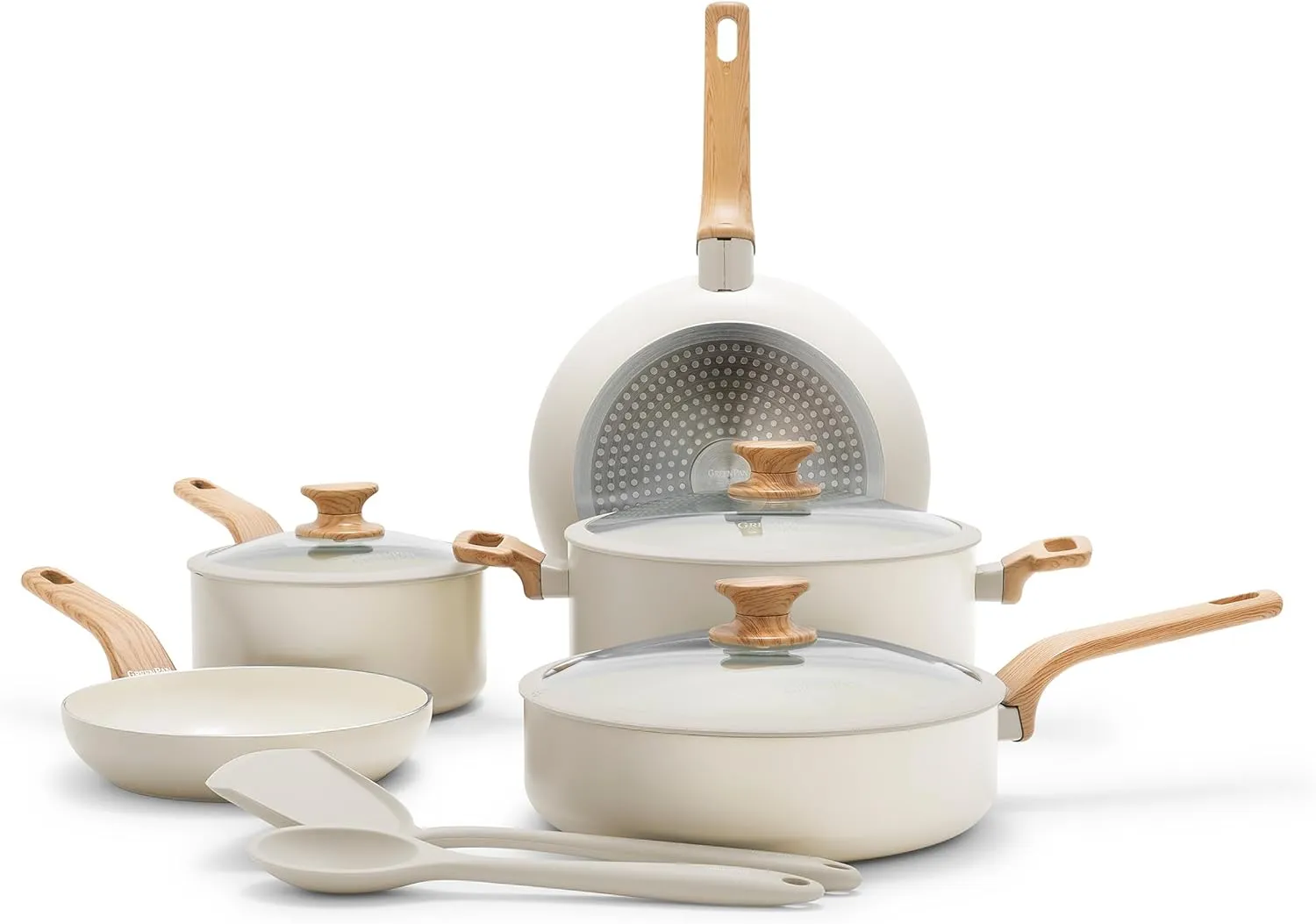 GreenPan Rio Essence Wood 10 Piece Cookware Pots and Pans Set, Healthy Ceramic Nonstick, PFOA & PFAS-Free Coating, Induction, Silicone Rim Lids, Stay-Cool Wood Print Handles, Dishwasher Safe, Taupe