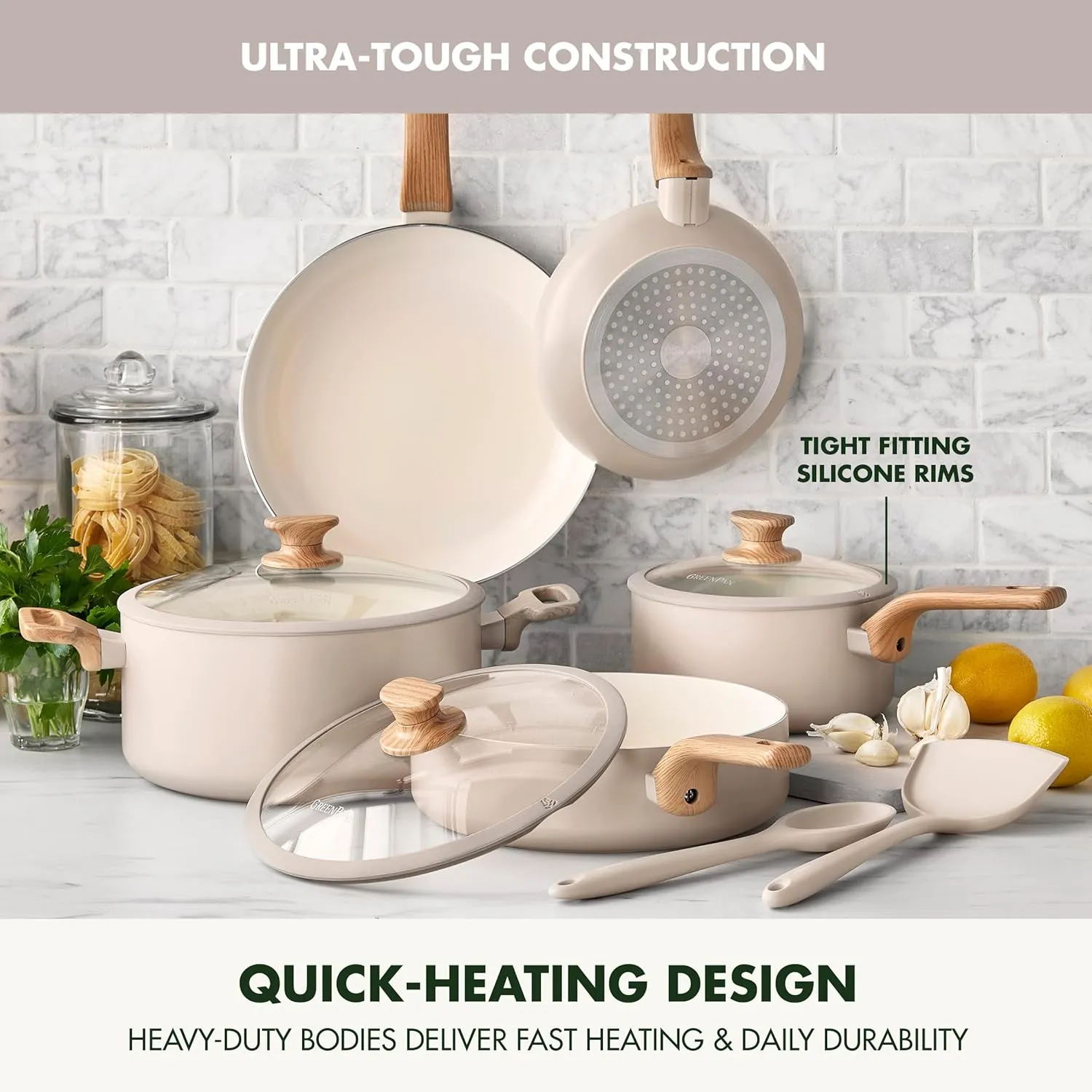 GreenPan Rio Essence Wood 10 Piece Cookware Pots and Pans Set, Healthy Ceramic Nonstick, PFOA & PFAS-Free Coating, Induction, Silicone Rim Lids, Stay-Cool Wood Print Handles, Dishwasher Safe, Taupe