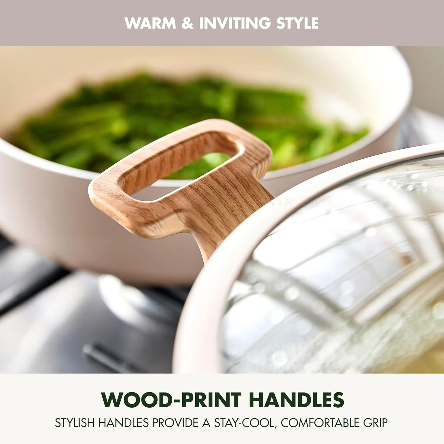 GreenPan Rio Essence Wood 10 Piece Cookware Pots and Pans Set, Healthy Ceramic Nonstick, PFOA & PFAS-Free Coating, Induction, Silicone Rim Lids, Stay-Cool Wood Print Handles, Dishwasher Safe, Taupe