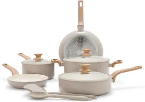 GreenPan Rio Essence Wood 10 Piece Cookware Pots and Pans Set, Healthy Ceramic Nonstick, PFOA & PFAS-Free Coating, Induction, Silicone Rim Lids, Stay-Cool Wood Print Handles, Dishwasher Safe, Taupe