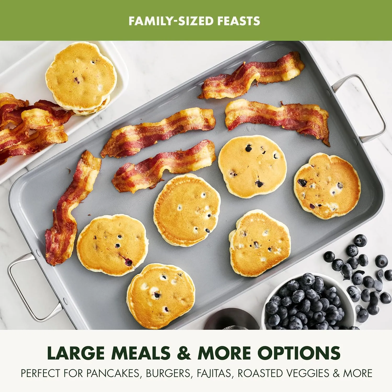 GreenPan Valencia Pro 18" x 11" Double Burner Griddle Pan, Induction Suitable, Ceramic Nonstick PFAS-Free, Rectangular Stovetop Cookware, Stainless Steel Handles, Dishwasher, Oven & Broiler Safe, Gray