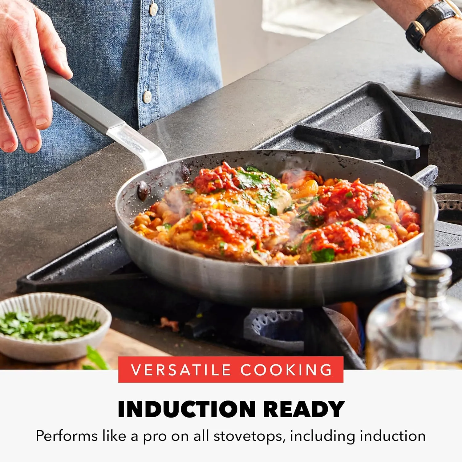 GreenPan x Bobby Flay Stainless Steel 12” Frying Pan Skillet with Glass Lid, Professional Grade Tri Ply, PFAS-Free Ceramic Nonstick, Induction Suitable, Dishwasher & Oven Safe, Stay Cool Handle