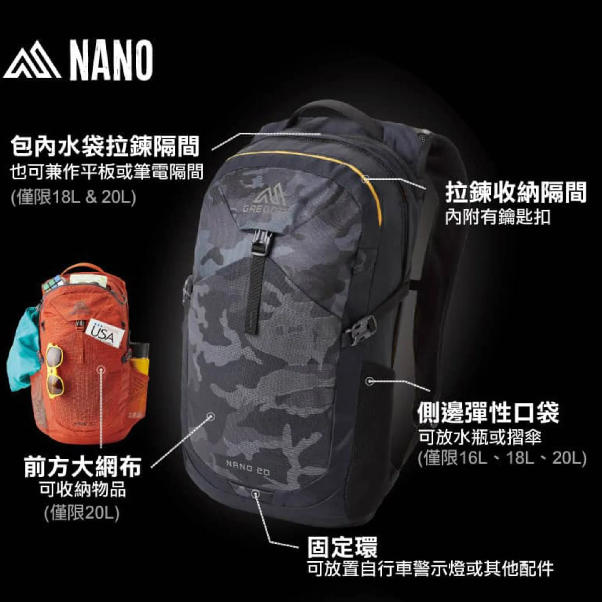 GREGORY NANO 多功能背包 16L 曜石黑 111497-0413