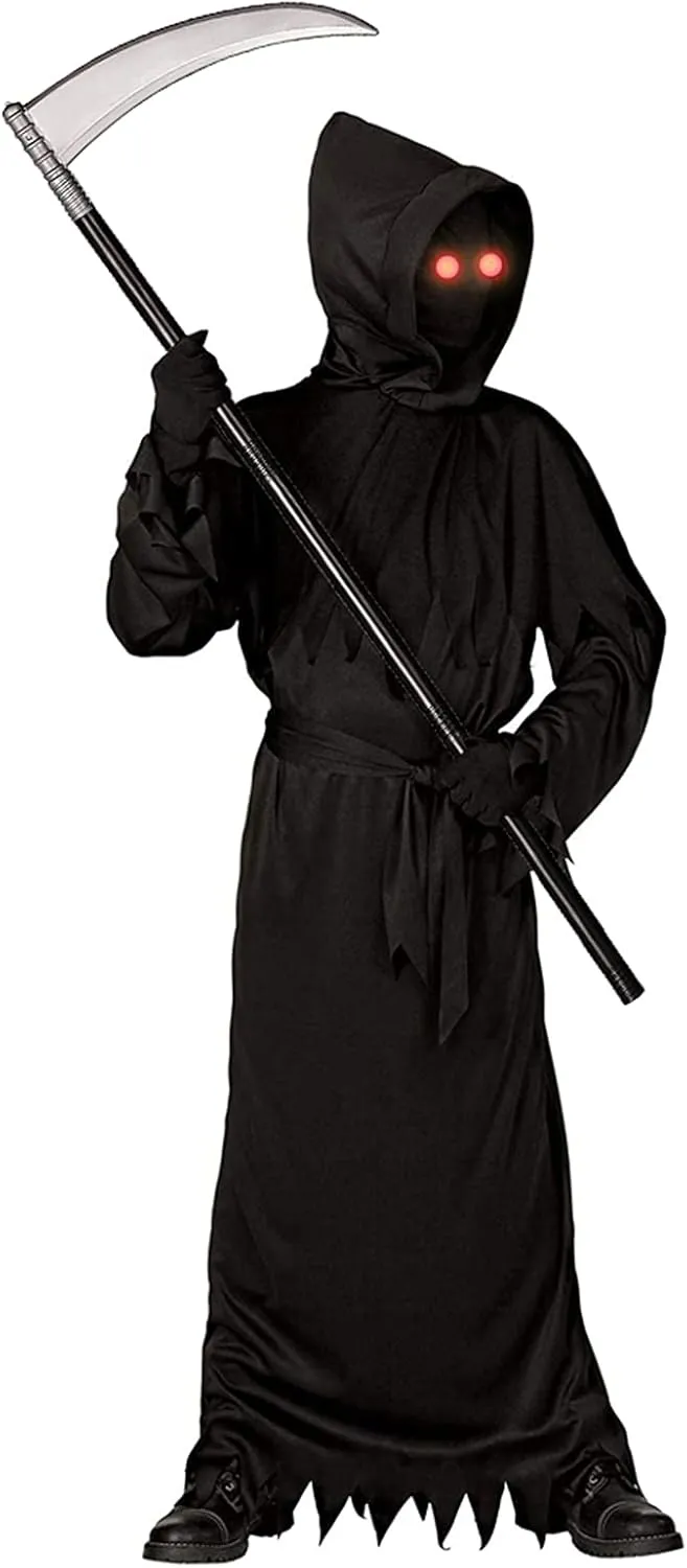 Grim Reaper Halloween Costume with Glowing Red Eyes for Kids, Scythe Included