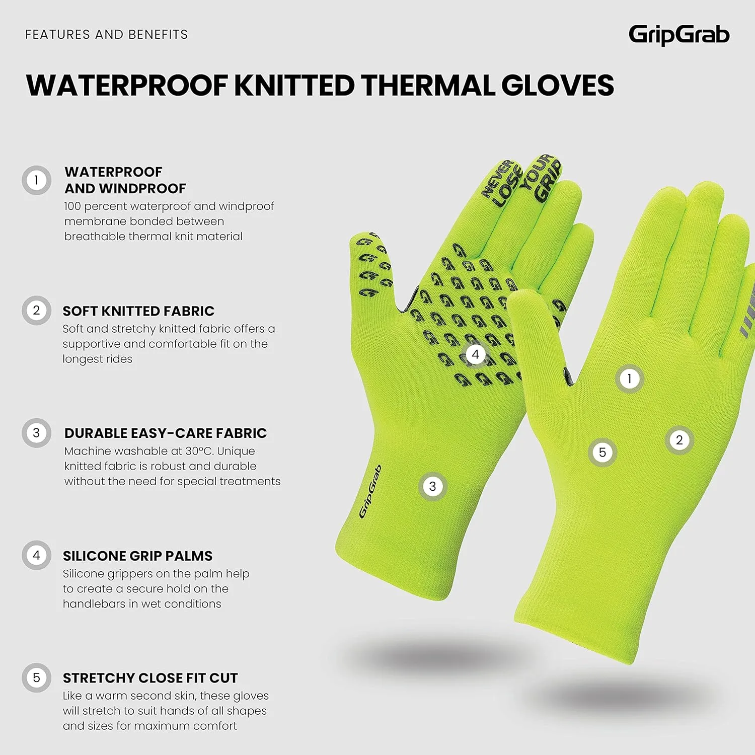 GripGrab Waterproof Knitted Thermal Cycling Gloves Anti-Slip Winter Bicycle Gloves Windproof Knit Full Finger Bike Gloves