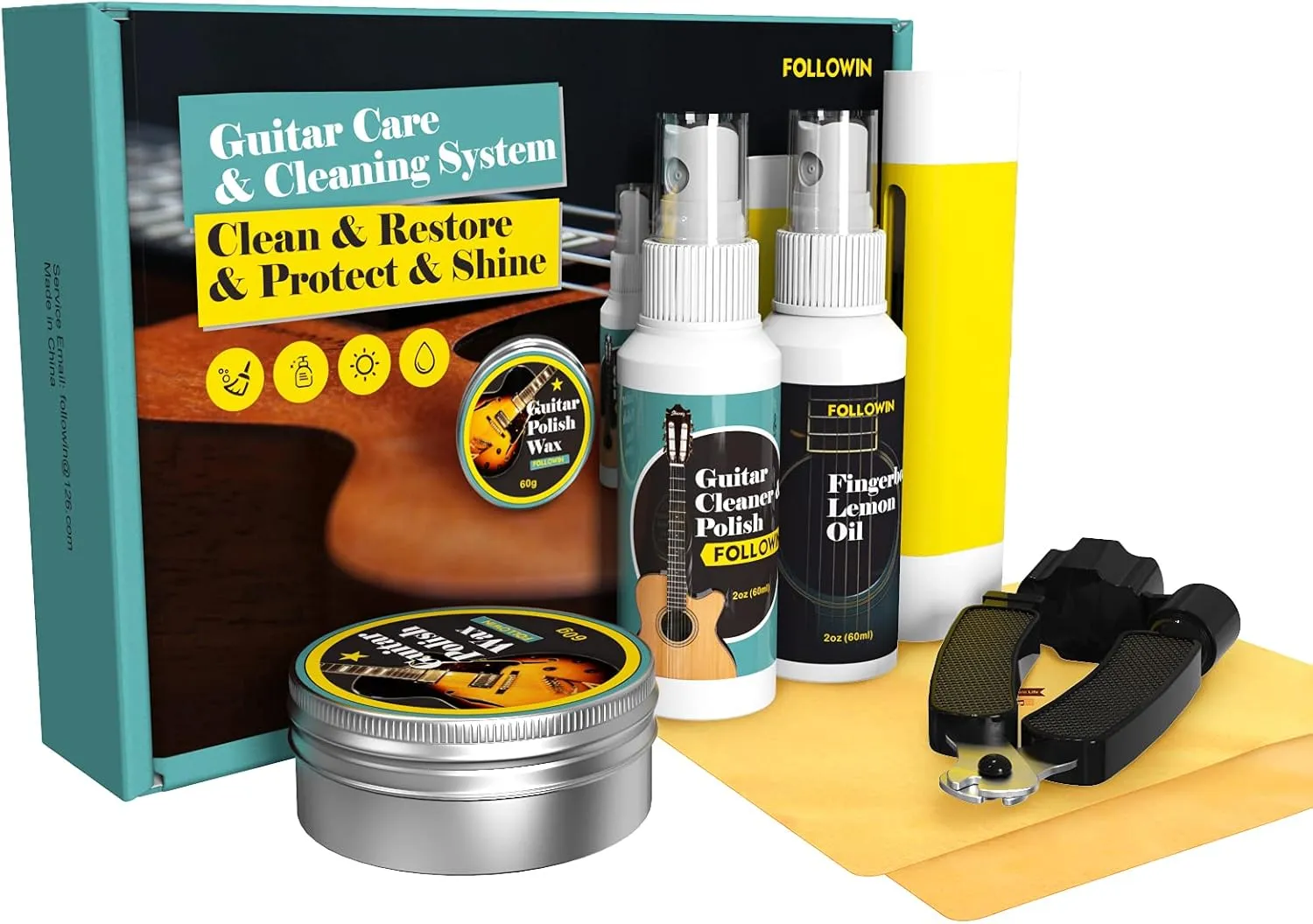Guitar Cleaning Kit, FOLLOWIN Guitar Care System 7 Pack, Cleaner Polish, Fingerboard Lemon Oil, String Cleaner & Lubricant, Guitar Wax, Winder, Microfiber Cloth