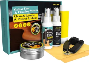 Guitar Cleaning Kit, FOLLOWIN Guitar Care System 7 Pack, Cleaner Polish, Fingerboard Lemon Oil, String Cleaner & Lubricant, Guitar Wax, Winder, Microfiber Cloth