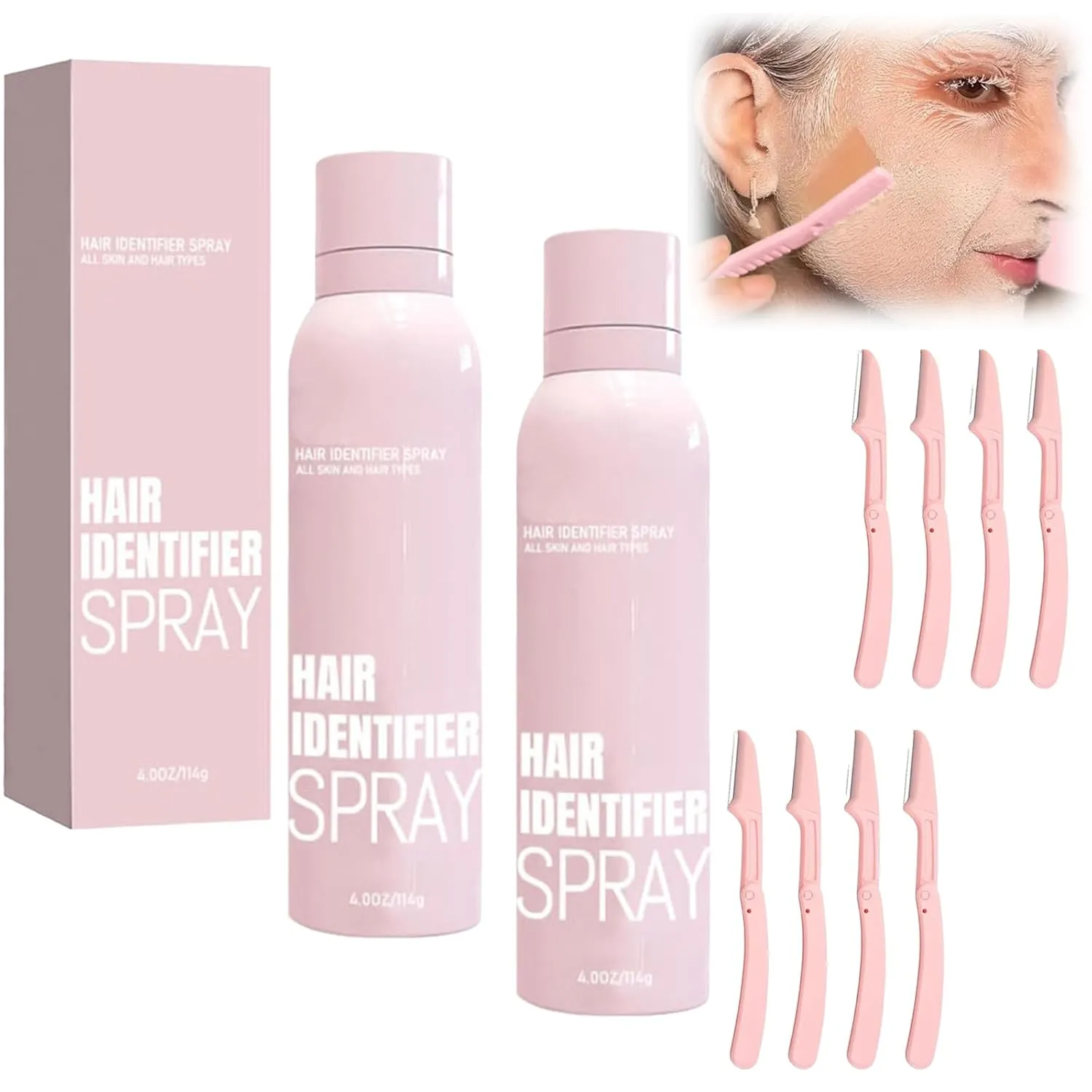 Hair Identifier Spray for Face Shaving, Skin Body Hair Identifying Spray With Razors, Skin Dermaplaning Spray for Face, Moisturizing and Skin Care Dermaplaner Spray (2pcs)