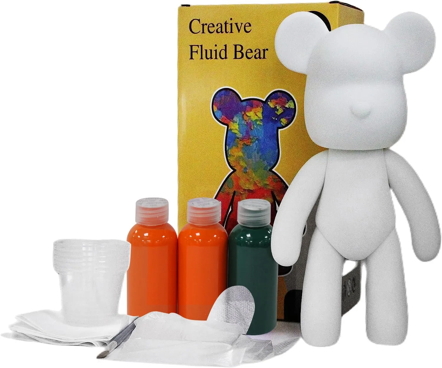 HANDA DIY Painting Fluid Bear Teddy Bear Painting Kit Set Creative Home Decorations Handmade Doll Figurine Toys Gift for Birthday Valentines (9.05 inch, Orange Green)
