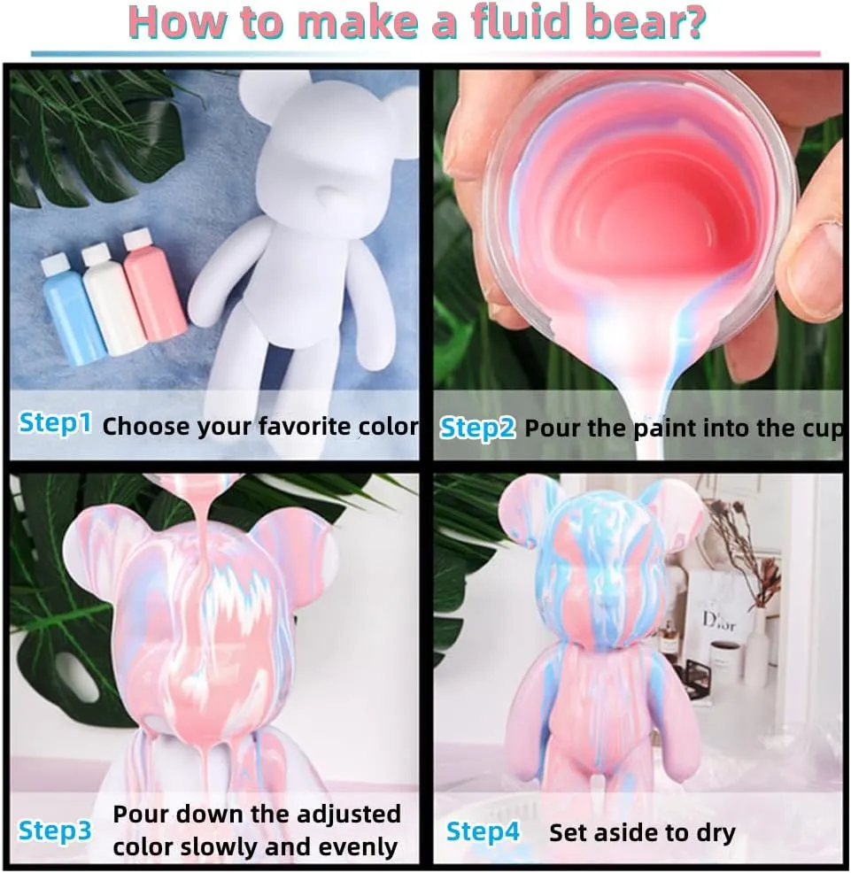 HANDA DIY Painting Fluid Bear Teddy Bear Painting Kit Set Creative Home Decorations Handmade Doll Figurine Toys Gift for Birthday Valentines (9.05 inch, Orange Green)