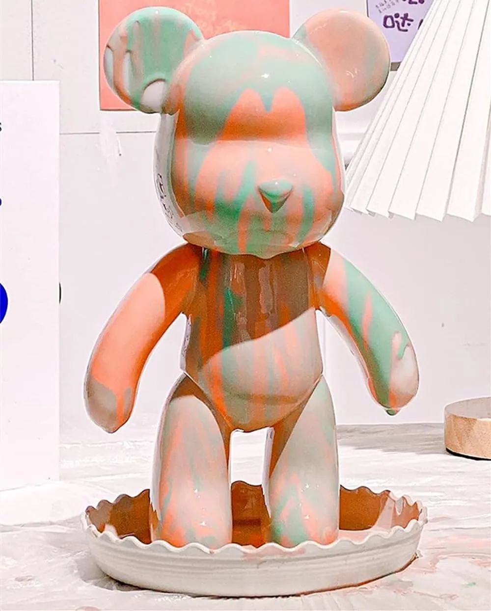 HANDA DIY Painting Fluid Bear Teddy Bear Painting Kit Set Creative Home Decorations Handmade Doll Figurine Toys Gift for Birthday Valentines (9.05 inch, Orange Green)