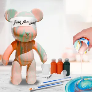 HANDA DIY Painting Fluid Bear Teddy Bear Painting Kit Set Creative Home Decorations Handmade Doll Figurine Toys Gift for Birthday Valentines (9.05 inch, Orange Green)